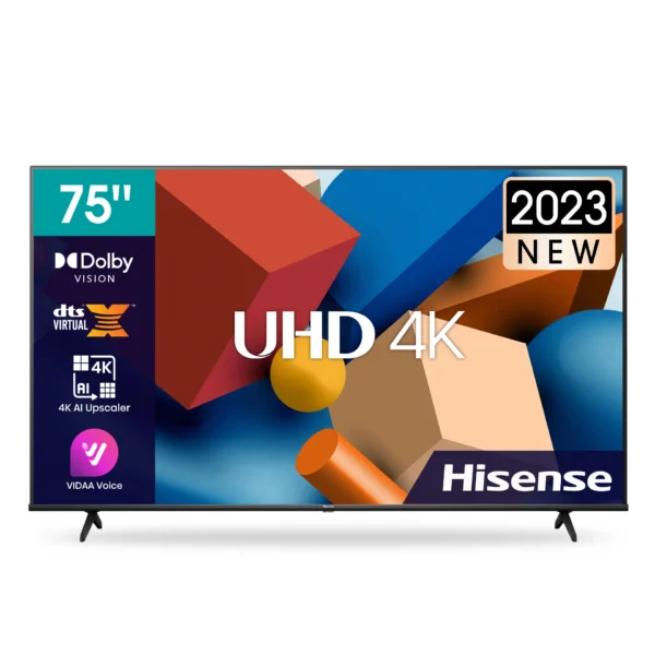 Hisense 75 Inch UHD 4K Smart TV Sound High Contrast Dolby Vision Atmos Color Black Model – 75A6K – 1 Year Warranty.