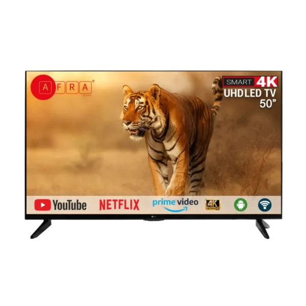 AFRA 50-inch 4K UHD Smart TV, Frameless, LED, Android 11, HDMI, USB, VGA, PC & Game Console Connection, Internet, Streaming, Netflix, Hulu, YouTube, Prime Video, Model AF-50114KBK | 2 Years Warranty