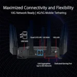 ASUS ROG Rapture GT-BE98 Quad-band WiFi 7 AiMesh Extendable Gaming Router, 25Gbps, 320MHz, 4K-QAM, Dual 10G Ports, Quad 2.5G Ports, VPNs, 4G LTE/5G Mobile Tethering – Black - Image 3
