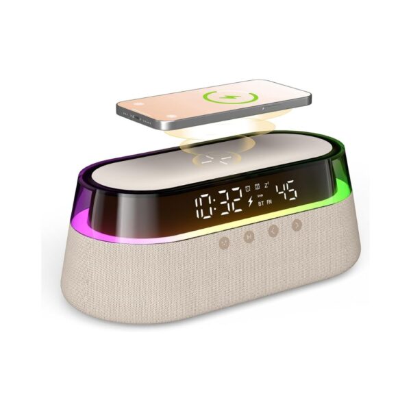 EZVALO 6 in 1 Digital Alarm Clock + FM Radio + Fast Wireless Charging + Bluetooth Speaker + Count Down Timer + Night Light