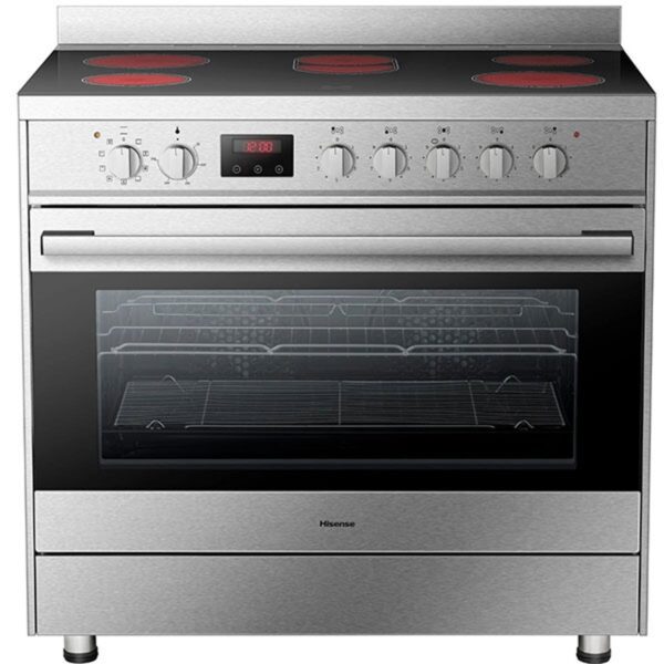 Hisense 90 Cm Electric Cooker with Glass Ceramic Top,5 Zones, Mechanical Knobs,Digital Timer,Electric Grill,Convection Fan