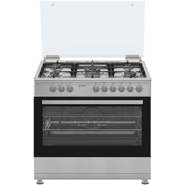 Indesit 5 Burners Gas Cooker With Grill, Fan Oven Cast Iron Auto ignition Size 90 x 60 Cm Color Silver Model – IM9GC6KCX/MEA – 1 Year Warranty.