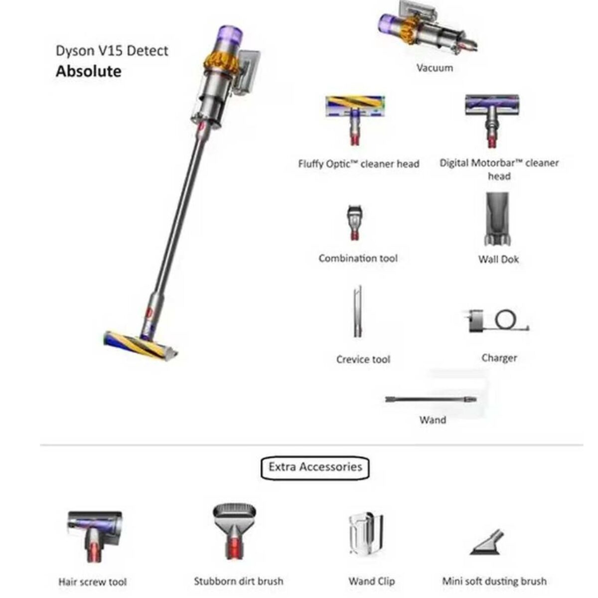 Dyson Cordless Vacuum Cleaner, 4 Extra Attachment, Color Yellow/Nickel Model – V15 Detect Absolute (EA)  | 1 Year Warranty - Image 2