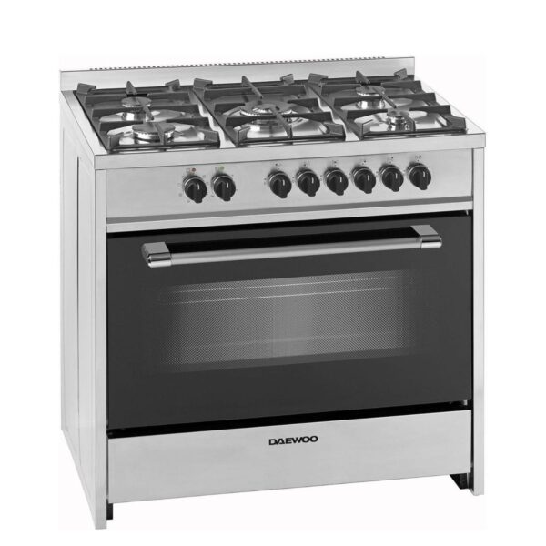 Daewoo 90x60cm Gas Cooker, 5 Burners, Bottom Electric Oven, Color Silver/Black Model – DW-DGE-S965HE – 1 Year Warranty.