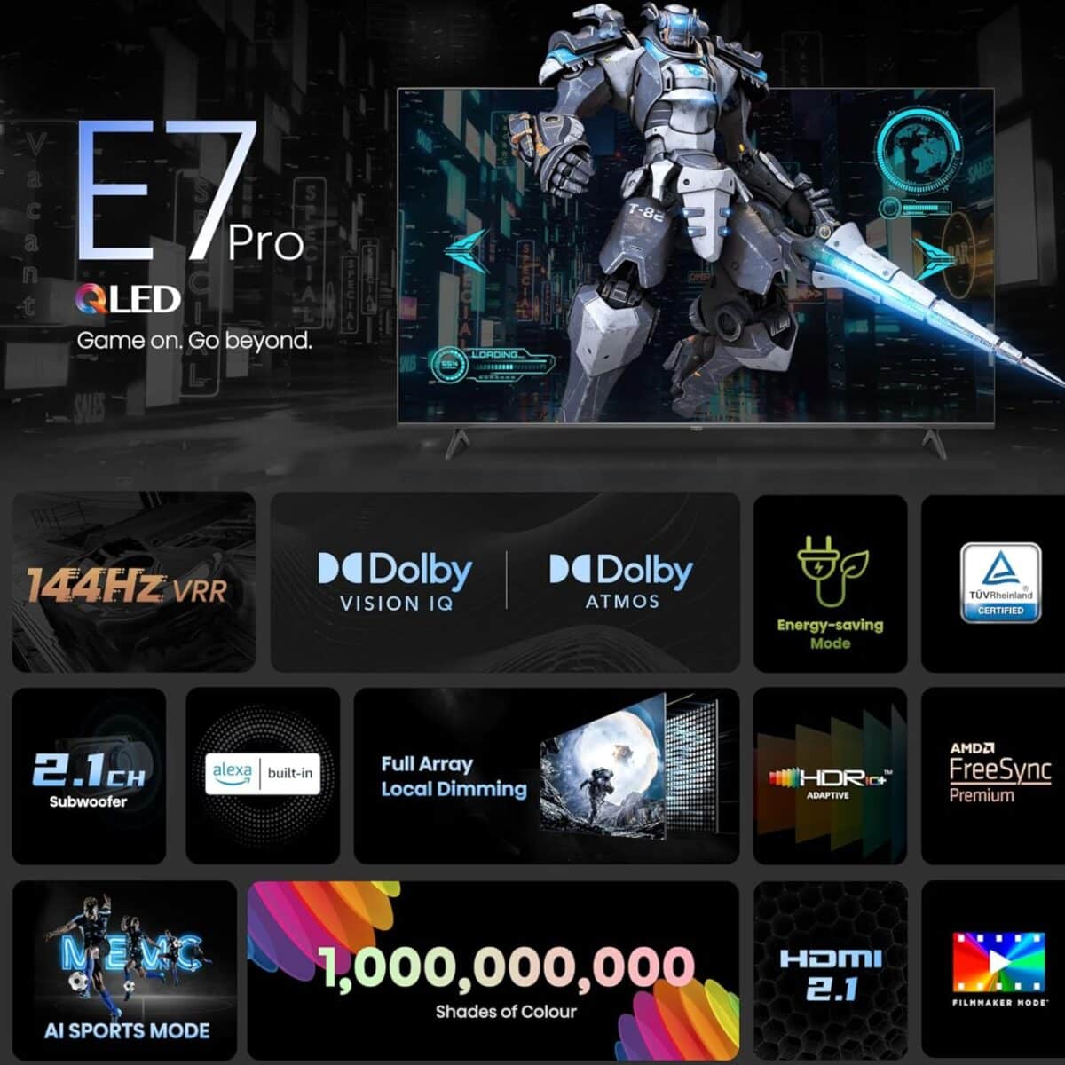 Hisense 100 Inch QLED Smart TV, Series E7NQ Pro, Quantum Dot Colour, Dolby Vision Atmos, Voice Control, 144Hz VRR, Color Black (2024) Model – 100E7N PRO – 1 Year Warranty. - Image 8