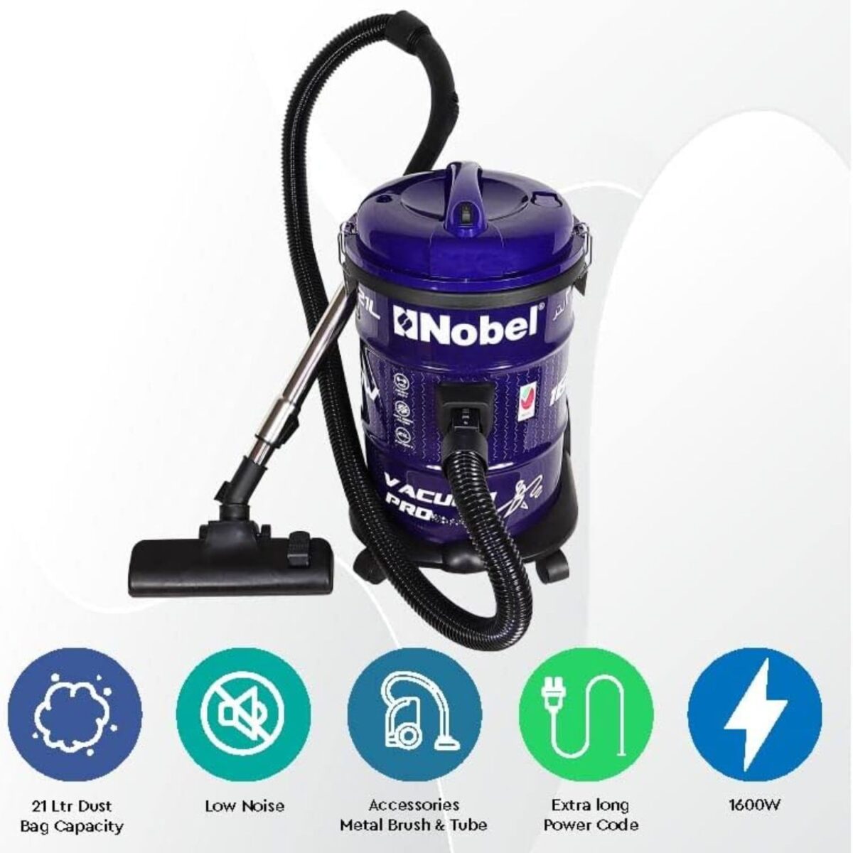 Nobel 21 Liters Drum Vacuum Cleaner, 1600 W, Durable Iron Tank, Smooth Roller, Color Purple/Black Model – NVC2121 – 1 Year Warranty. - Image 7