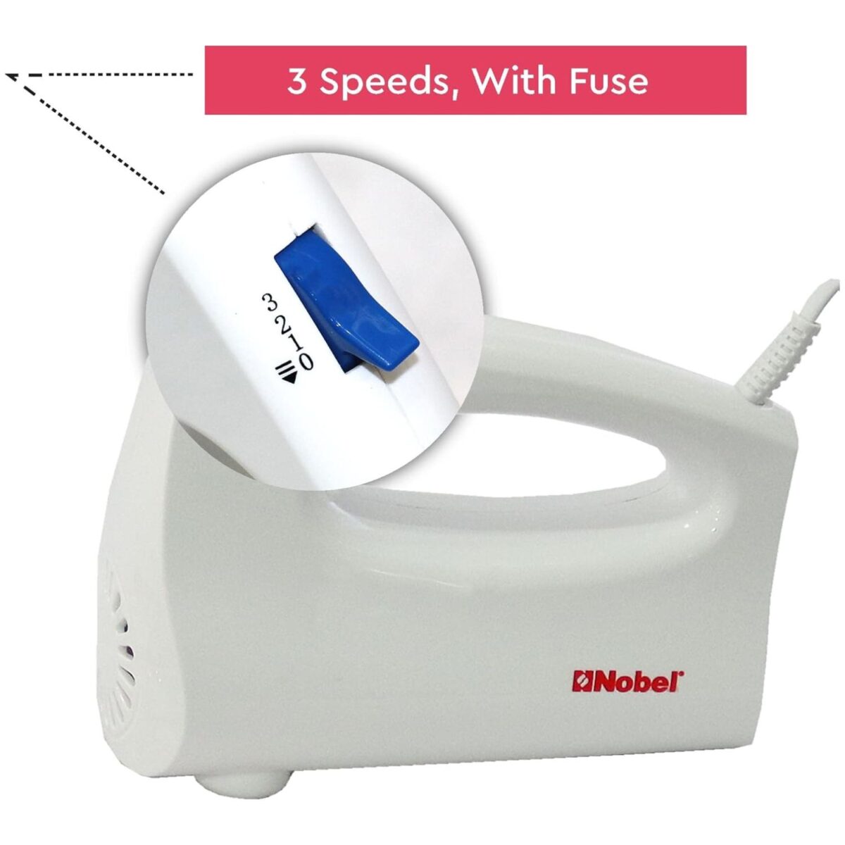 Nobel Hand Blender, 250W, 3-Speed, Chromed Beaters, Dough Hooks, Color White Model – NHB25 – 1 Year Warranty. - Image 5