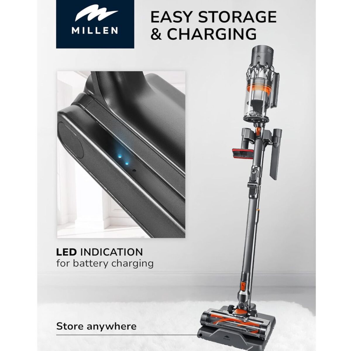 MILLEN Cordless Stick Vacuum Cleaner, BLDC Inverter Motor, 450W, Color Grey Model – MVCS7073 – 1 Year Warranty. - Image 6