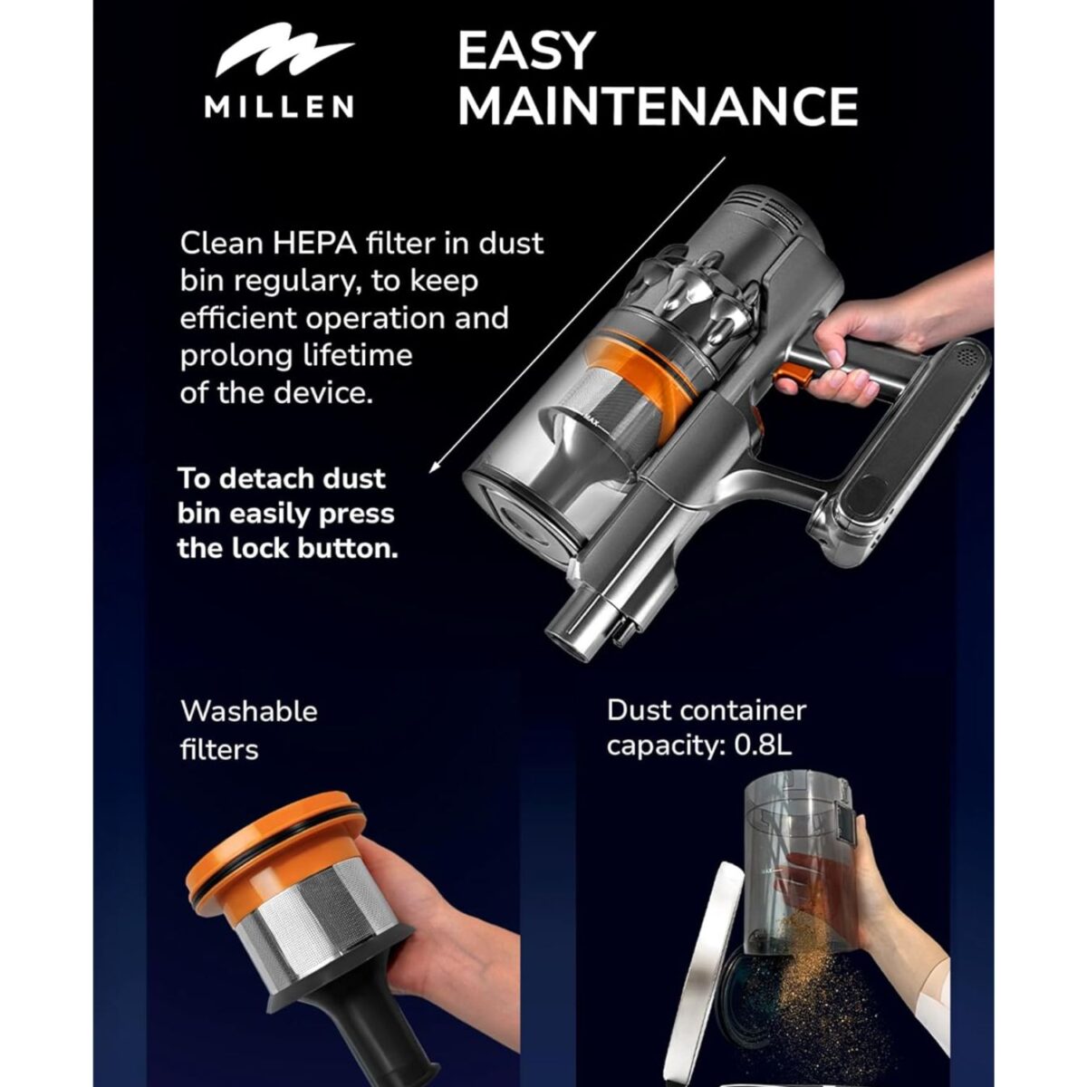 MILLEN Cordless Stick Vacuum Cleaner, BLDC Inverter Motor, 450W, Color Grey Model – MVCS7073 – 1 Year Warranty. - Image 7