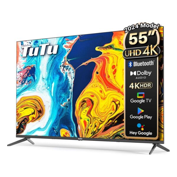 TuTu 55 Inch Smart TV, 4K UHD Google TV, Bezelless Design, Voice Control, Screen Projection, Dolyby Audio, Color Black Model – G55QU – 1 Year Warranty.