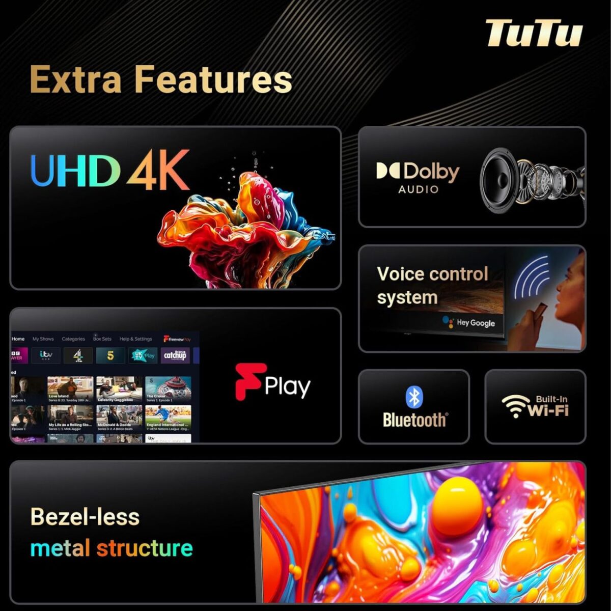 TuTu 65 Inch Smart TV, 4K UHD Google TV, Bezelless Design, Voice Control, Screen Projection, Dolyby Audio, Color Black Model – G65QU – 1 Year Warranty. - Image 3