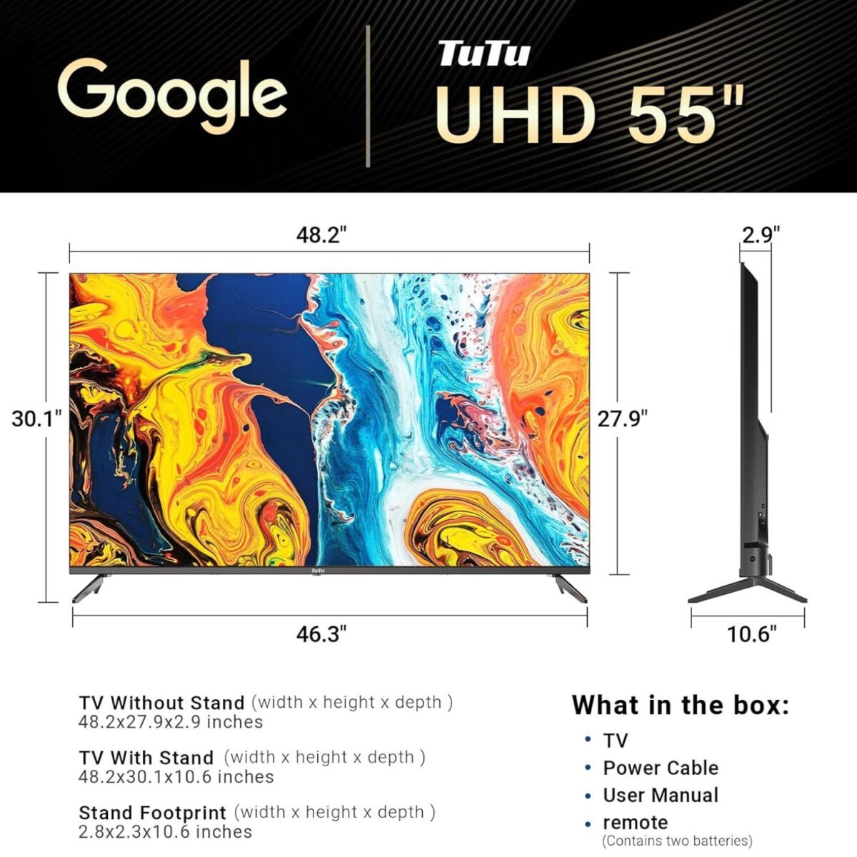 TuTu 55 Inch Smart TV, 4K UHD Google TV, Bezelless Design, Voice Control, Screen Projection, Dolyby Audio, Color Black Model – G55QU – 1 Year Warranty. - Image 6