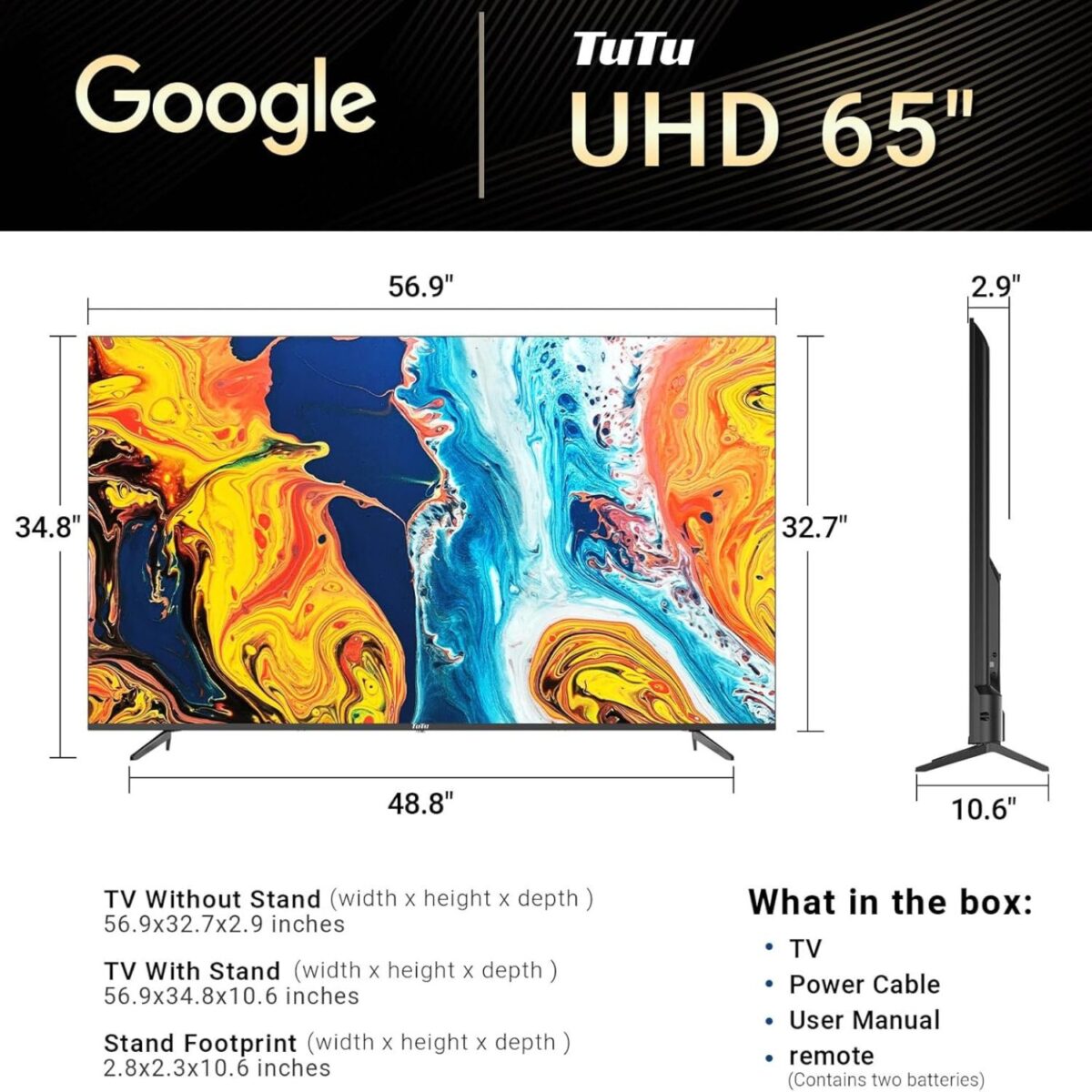 TuTu 65 Inch Smart TV, 4K UHD Google TV, Bezelless Design, Voice Control, Screen Projection, Dolyby Audio, Color Black Model – G65QU – 1 Year Warranty. - Image 6
