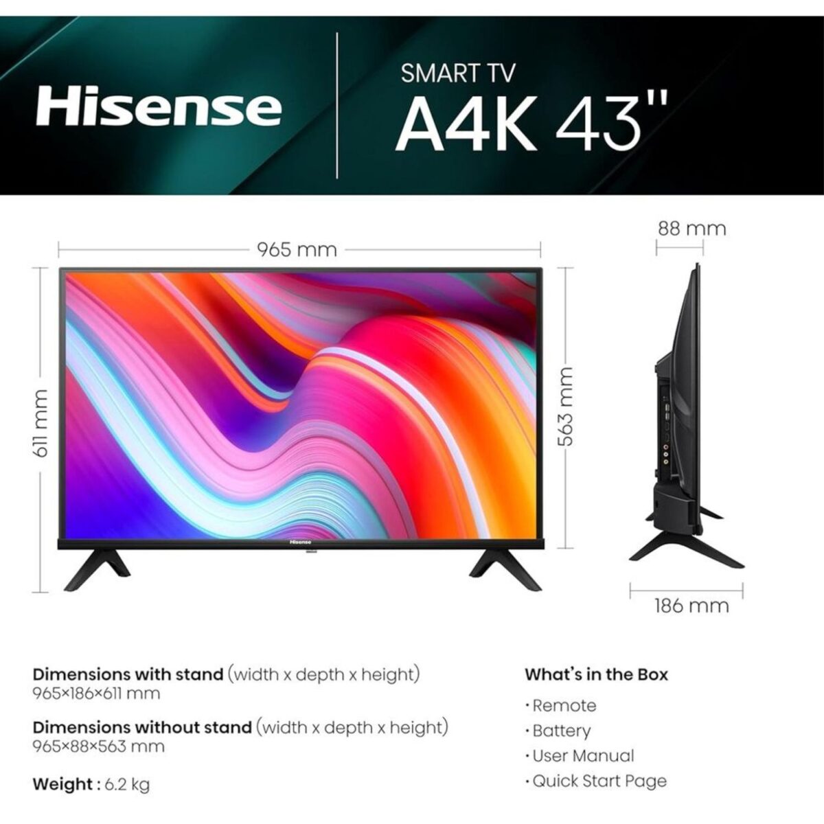 Hisense 43 Inch Smart TV 4K HD VIDAA Dolby DTS Sound High Contrast Wi-Fi Color Black Model – 43A4K – 1 Year Warranty. - Image 5