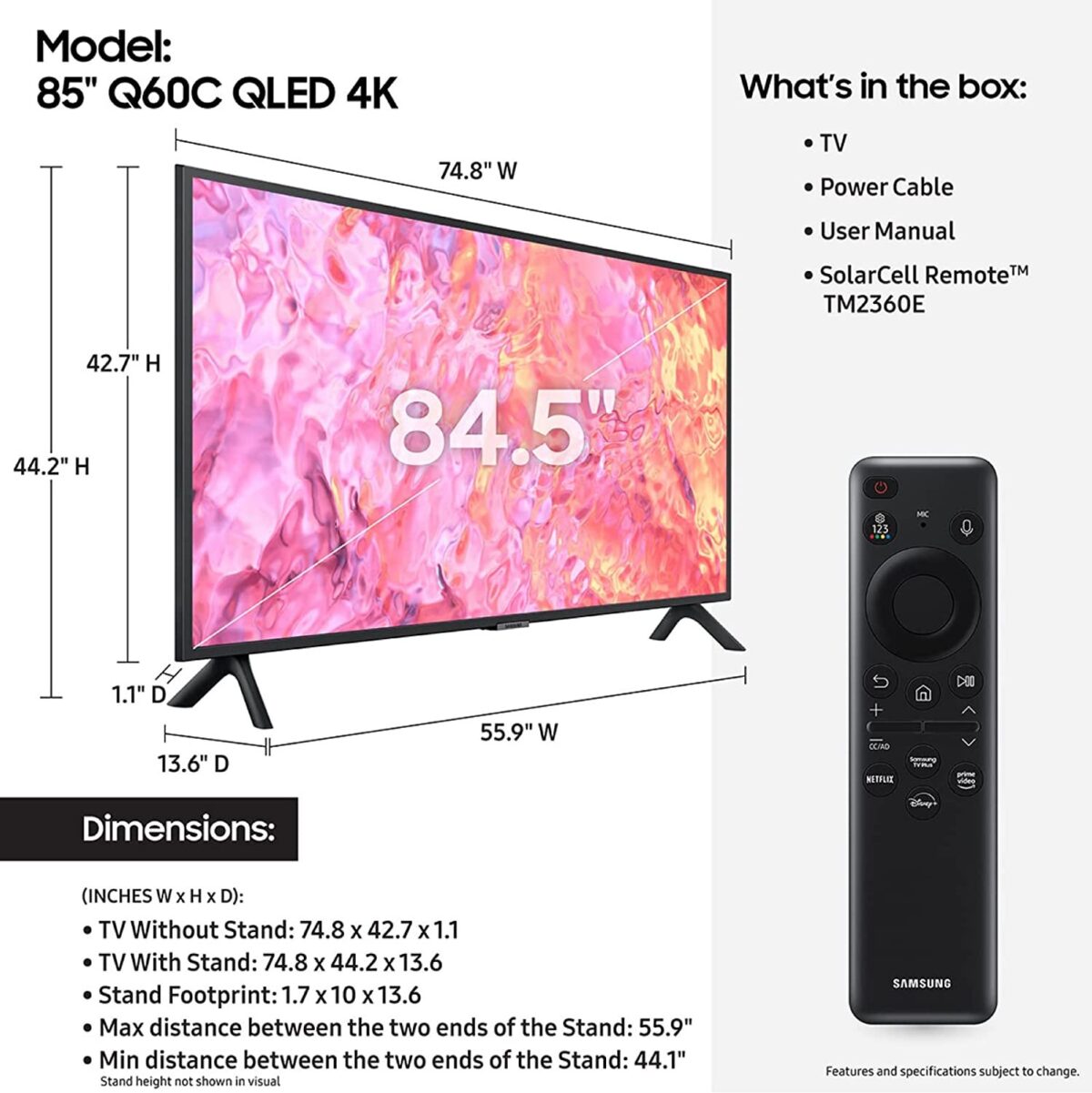 Samsung 85 Inch QLED 4K Smart TV, (Series Q60C), Quantum Dot, AirSlim Hub, HDR10+, Color Black Model – QA85Q60CAUXZN – 1 Year Warranty. - Image 6