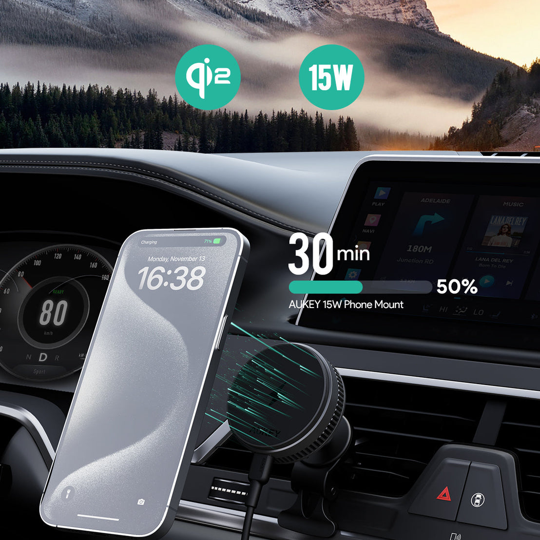 AUKEY HD-MC13A MagFusion Dash Pro Qi2 Active Cooling Wireless Charging Phone Mount