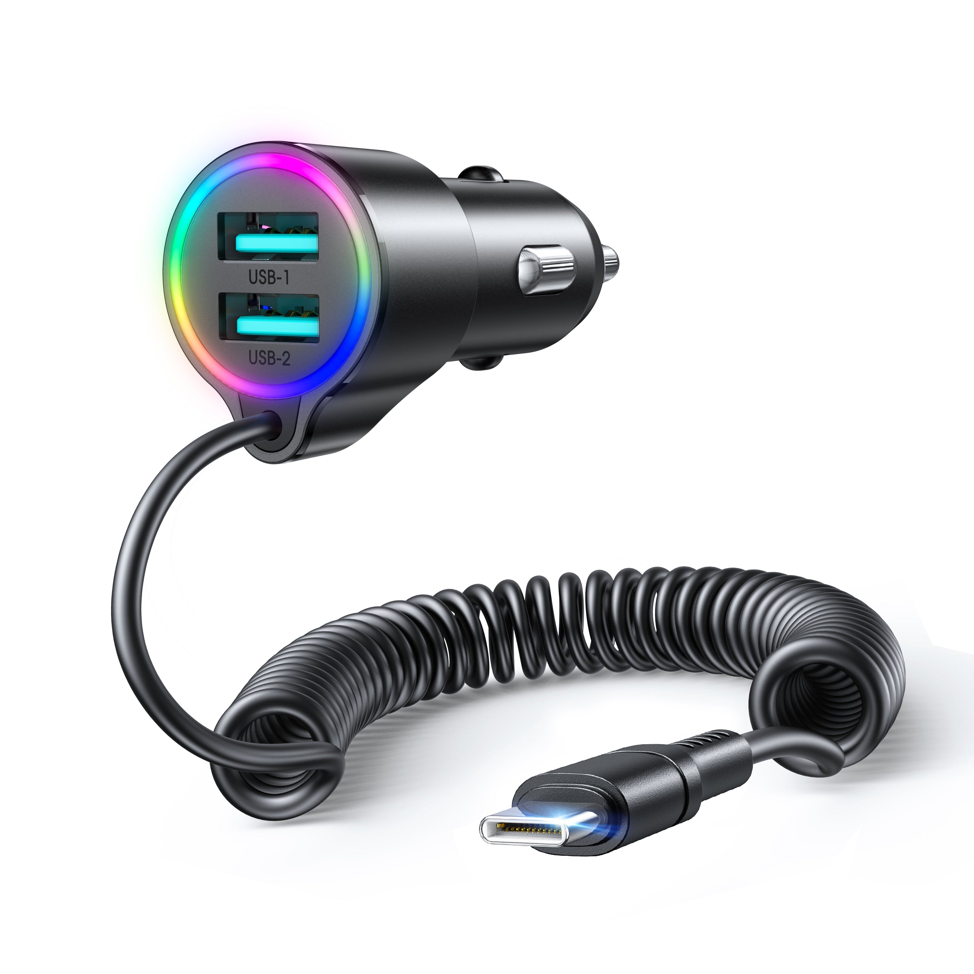 JR-CL24 3.4A 3-in-1 Car Charger with Coiled Type-C Cable