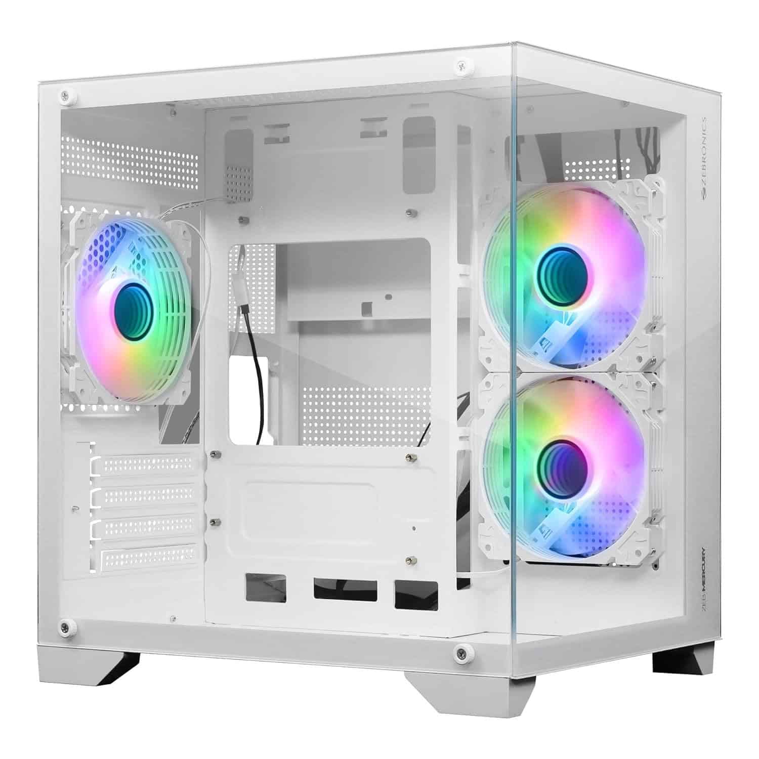 71pU83R6sZL._SL1500_.jpg Zebronics Mercury White Gaming Cabinet – mATX/ITX Support, ARGB Fan, Tempered Glass - Image 1