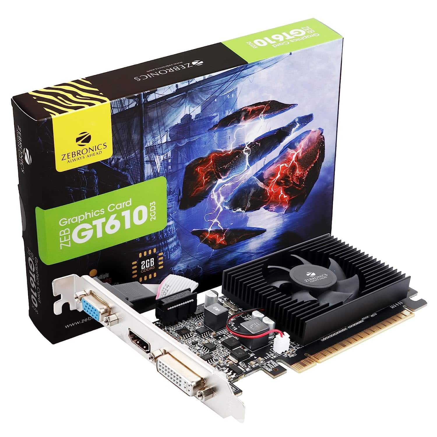 81LkkH2bYNL._SL1500_.jpg Zebronics GT610 2GD3 Graphics Card, PCIe 2.0, HDMI DVI VGA, Heatsink with Fan - Image 1