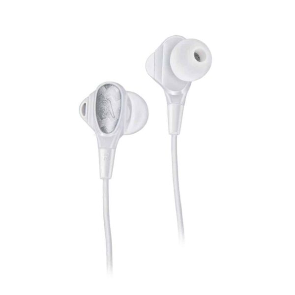 Finger Soundicon Wired Earphones – Powerful Sound and amp; Extra Bass for Indian Ears – Golden L-Pin Connector, in-Line Mic with Controller – White Silver