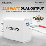 GIZMORE GIZ PA610 Smart Rocket Charger 22.5W PD3.0 Quick Charge Dual Port (USB &Type-C) 4.5A Universal Compatible Wall Super-Fast, Compatible with All iOS & Android Devices, White - Image 5