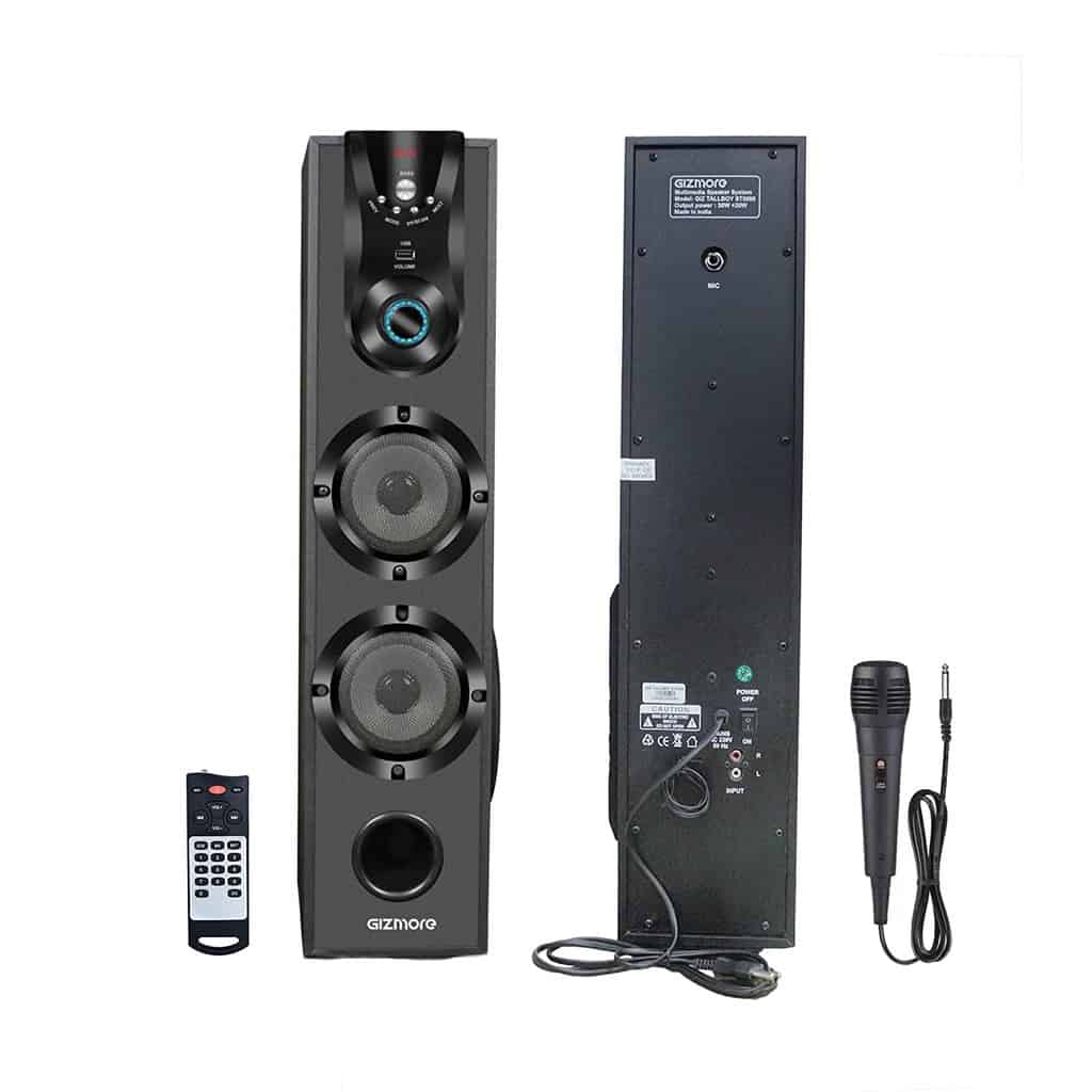 GIZMORE-GIZ-Tallboy-ST5000datamation.jpg GIZMORE GIZ Tallboy ST5000 Get High On Music Powerfull 50 Watt Single Tower Wooden Cabinet 5.25″ Subwoofer, 4.0″ Dual mid Range Speaker with Mic, LED Display,USB, FM/Extreme Bass/Karaoke, Black - Image 1