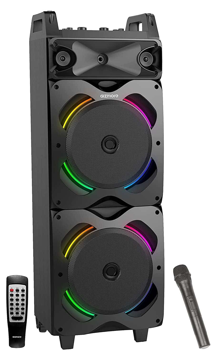 GIZMORE-GIZ-Wheelz-T8000datamation.jpg GIZMORE GIZ Wheelz T8000 Multimedia Trolley Speaker 80 Watt Connect with Guitar Wireless Mic, Bluetooth, AUX, USB, FM Radio & Micro SD Card, Black - Image 1