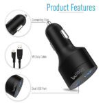 UBON CH-85 Boostcharge Dual USB Car Charger 2.4A 2 Fast Charging Port Charge Adapter with Micro USB Data Cable for Mobile Phone, Tablet & GPS (Black) - Image 5