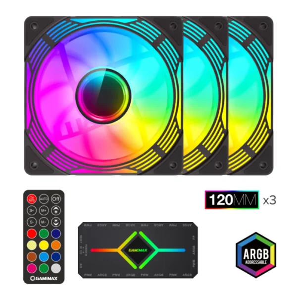 GAMEMAX KF300 BK, 120mm Black Frame ARGB Fan 3-in-1 Kit, Includes Premium V4.0 ARGB HUB with Wireless Remote Controller