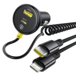 Baseus Circular Plastic Car Charger 60W USB+Type-C Adapter with Type-C+Lightning Spring Cable – Black