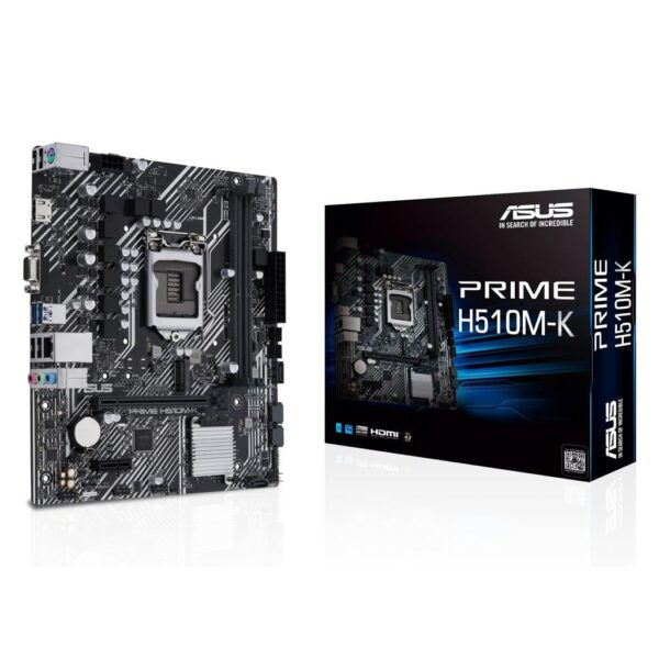 ASUS Prime PRIME H510M-K (LGA 1200) micro ATX motherboard with PCIe 4.0, 32Gbps M.2 slot, Intel® 1 Gb Ethernet, HDMI, D-Sub, USB 3.2 Gen 1 Type-A, SATA 6 Gbps, COM header, and RGB header