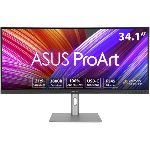 ASUS ProArt Display PA34VCNV Curved Professional Monitor – 34.1-inch, IPS, 21:9 3440 x 1440, 3800R Curvature, 100% sRGB / Rec.709, Color Accuracy ΔE < 2, Calman Verified, USB-C Docking PD 96W, RJ45, Ergonomic Stand, Green Sustainability