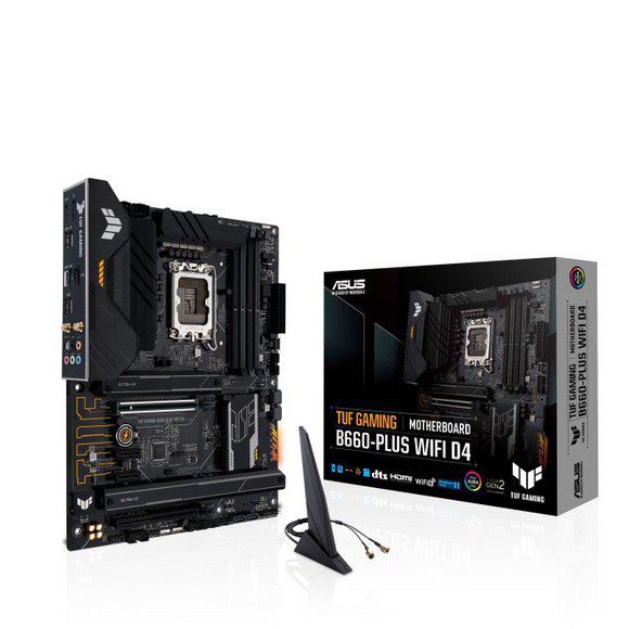 ASUS TUF GAMING B660-PLUS WIFI D4 (LGA 1700) ATX motherboard with PCIe 5.0 slot, three PCIe 4.0 M.2 slots, 10+1 DrMOS, Intel® 2.5Gb Ethernet, DisplayPort, HDMI, front USB 3.2 Gen 2 Type-C®, Aura Sync