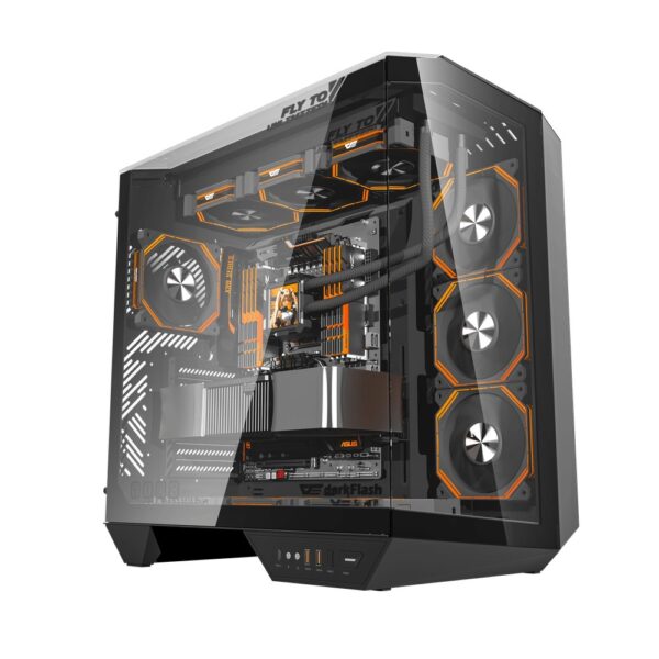 DarkFlash DY470 Tempered Glass ATX PC Case, Three-sided Glass Panel View, 2x USB 3.0, 1x Gen 2 Type-C, Horizontal and Vertical PCIE Slots, Dual 360mm Radiators Support, Back-connect Motherboard Compatible – Black