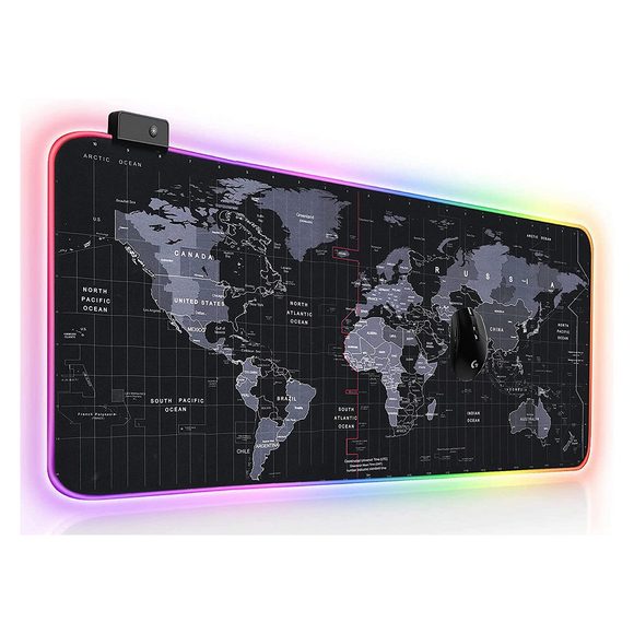 GMS- X5 World Map Print RGB Gaming Mouse Pad, Large Extended Soft Led Mouse Pad with 14 Lighting Modes, Computer Keyboard Mousepads Mat (800mm x 300mm x 3.5mm, Black)