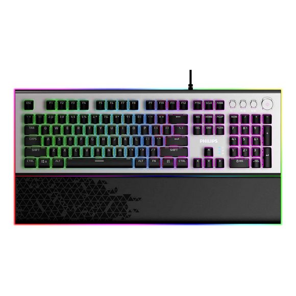 Philips SPK8624 USB Wired Mechanical Gaming Keyboard with Rainbow Backlit Wrist Rest Pad for PC Laptop Desktop
