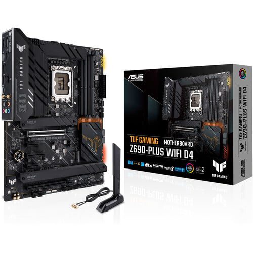 Asus TUF GAMING Z690-PLUS WIFI D4 Intel® Z690 (LGA 1700) ATX gaming motherboard, 15 DrMOS power stages, PCIe® 5.0, DDR4 memory, four M.2 slots, WiFi 6 and Intel 2.5 Gb Ethernet, HDMI®, DisplayPort™, USB 3.2 Gen 2×2 Type-C®, front USB 3.2 Gen 2 Type C, SATA 6 Gbps, Thunderbolt™ 4 support and Aura Sync RGB lighting
