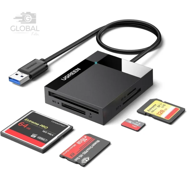 Ugreen 4-in-1 USB 3.0 High-Speed Card Reader/Writer for SD, TF, Micro SD, SDHC, SDXC Cards – 5Gbps, 1.5ft Cable, Black