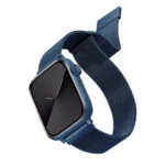 Apple Watch with blue Milanese magnetic loop strap displaying adjustable fit