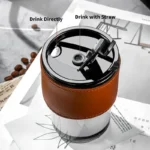 Bamboo Joint Glass Cup with Lid & Straw | 13oz Can-Shaped Tumbler with Leather Sleeve - Image 5