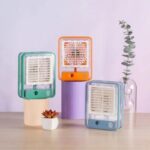 Side angle of rechargeable USB air cooler fan showing water tank