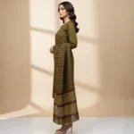 Winter Sussi Silk 3-Piece Suit for Women | Unstitched Plain Shirt & Trouser | Heavy Winter Sussi Shawl |  Olive Green - Image 3