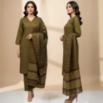 Winter Sussi Silk 3-Piece Suit for Women | Unstitched Plain Shirt & Trouser | Heavy Winter Sussi Shawl |  Olive Green - Image 4