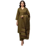 Winter Sussi Silk 3-Piece Suit for Women | Unstitched Plain Shirt & Trouser | Heavy Winter Sussi Shawl |  Olive Green - Image 2