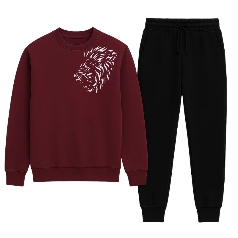 ProductImage83_1761993319.webp LION Printed Maroon Tracksuit Sweatshirt & Trouser | Warm & Comfortable Winter Wear | Large - Image 1