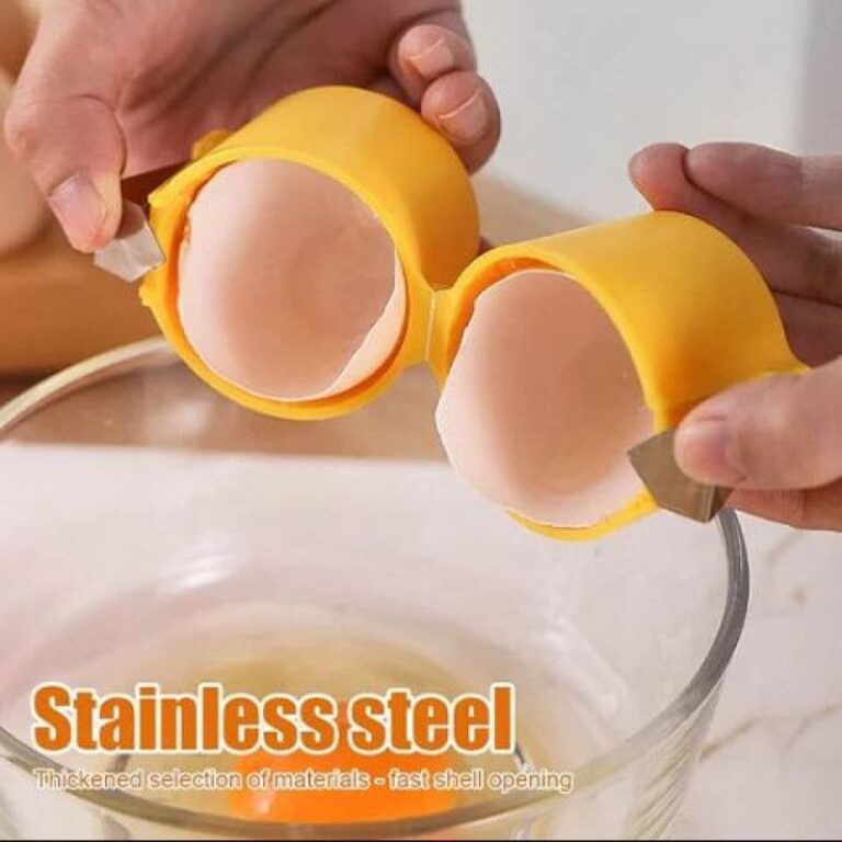 Efficient stainless steel egg shell opener tool on kitchen counter