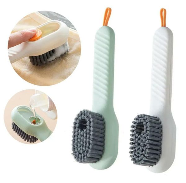 multi-purpose shoe brush with liquid dispenser and soft bristles