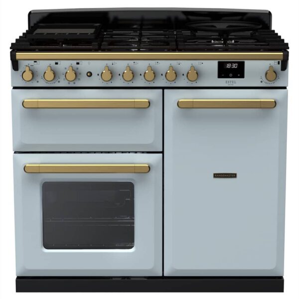 Rangemaster ESDL100DFPMSB/AB1 Estel Deluxe 100cm Dual Fuel Range Cooker With Antique Brass Trim 18078 – MISTY BLUE