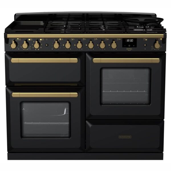 Rangemaster ESDLO110DFPGBL/AB1 Estel Deluxe OC 110cm Dual Fuel Range Cooker With Antique Brass Trim 18102 – BLACK