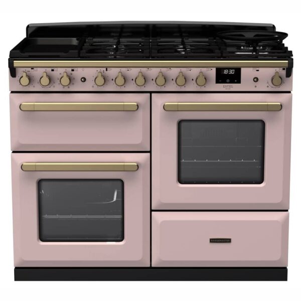 Rangemaster ESDLO110DFPPPK/AB1 Estel Deluxe OC 110cm Dual Fuel Range Cooker With Antique Brass Trim 18107 – PALE PINK